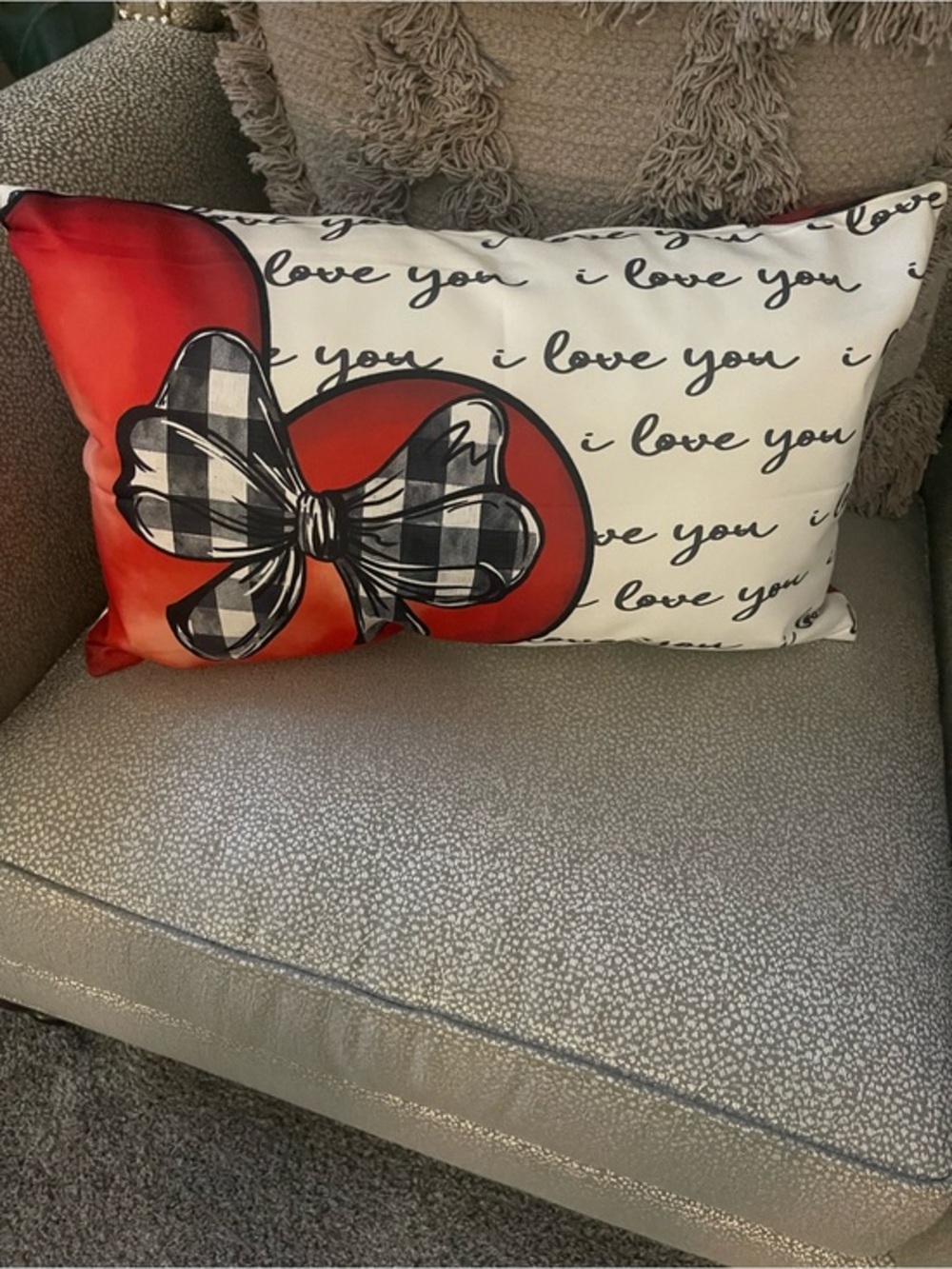 Love Red Heart Decorative Pillow with Black Plaid Bow
